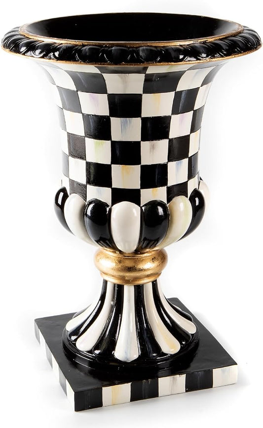 MACKENZIE-CHILDS Pedestal Tabletop Urn, Decorative Centerpiece for Table, Mantel, or Shelf, Tall, Black-and-White Courtly Check