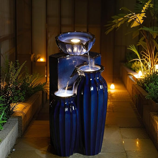 Glitzhome 26.75" H Ceramic Outdoor Water Fountain with LED Lights and Pump, Cobalt Blue Fluted Texture Cascading Waterfall Floor Standing Fountain for Porch Deck Garden Patio Backyard