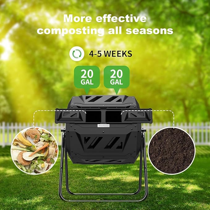 Compost Tumbler Bin Composter Dual Chamber 43 Gallon (Bundled with Pearson's Gardening Gloves)