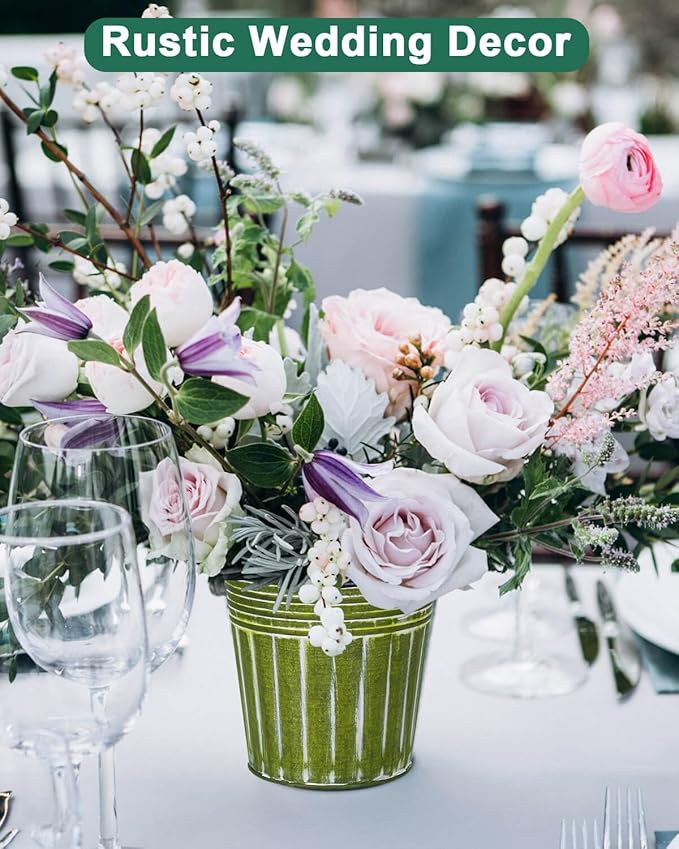 vensovo 6 Inch Kelly Green Metal Rustic Flower Pots - 6Pcs Medium Galvanized Planters with Drainage Hole and Rubber Plug, Rustproof Metal Bucket Plant Pots Farmhouse Vintage Style for Decor