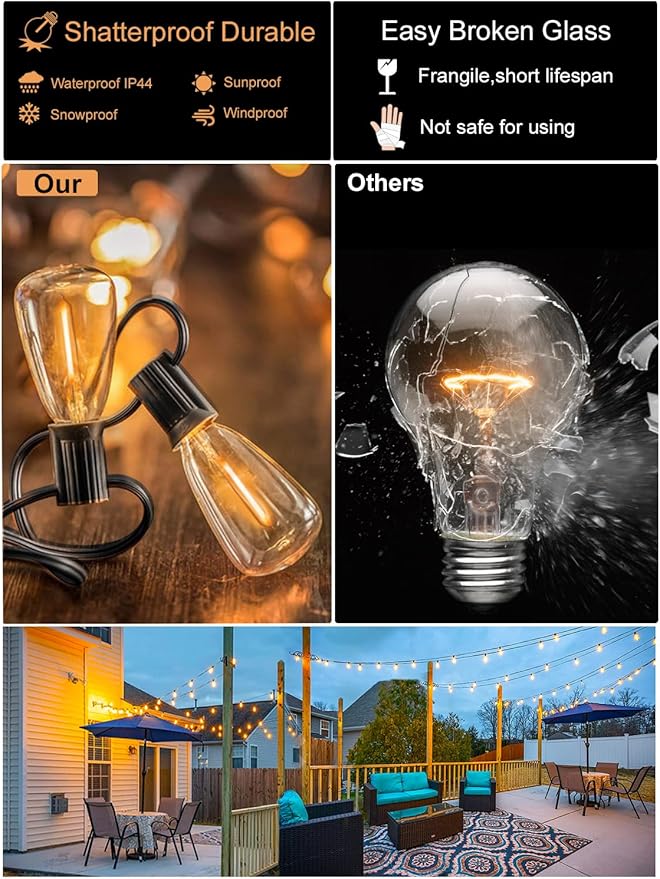 DAMAING String Lights for Outside 300FT shatterproof connectable Patio Lights Outdoor 3 Pack x 100FT with 156 PCS Vintage dimmable LED Edison Bulbs,Waterproof Hanging Lights for Backyard,Deck