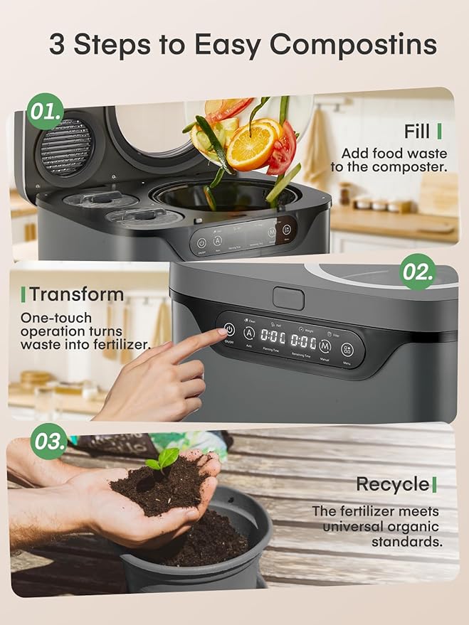 Electric Composter for Kitchen 4L, Countertop Compost Bin Indoor with Visible Window, LED Display, Auto-Clean, Carbon Filter, Odorless, Low Noise, Turns Waste into Natural Fertilizer