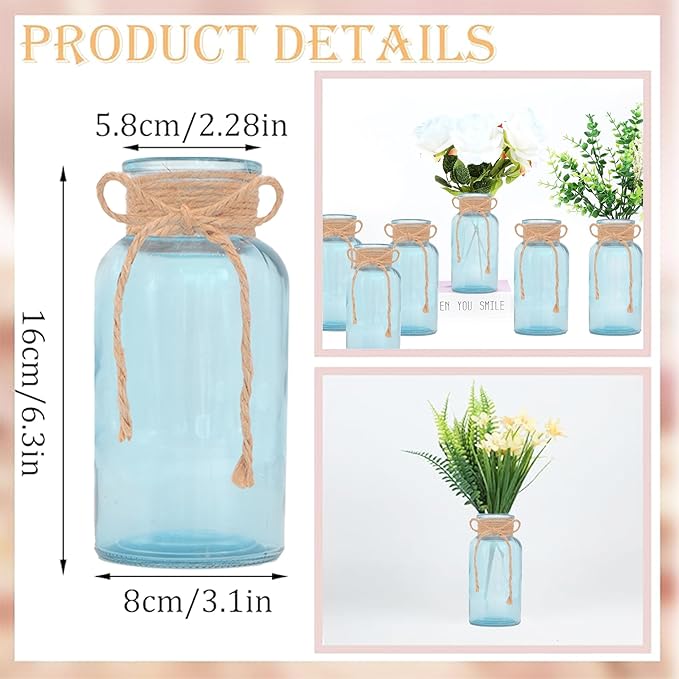Vintage Glass Flower Vase，12 Pack Blue Farmhouse Glass Centerpiece Vases Mason Jars for Weddings, Parties & Home Decor Bulk (12, Blue)