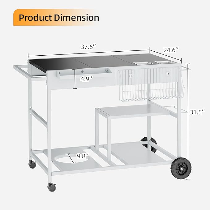 Vongrasig Pizza Oven Table with Topping Station, Outdoor Grill Cart with Storage for Blackstone Grill Ooni Pizza Ovens, Outdoor Kitchen Island Movable Grill Table Bar Cart