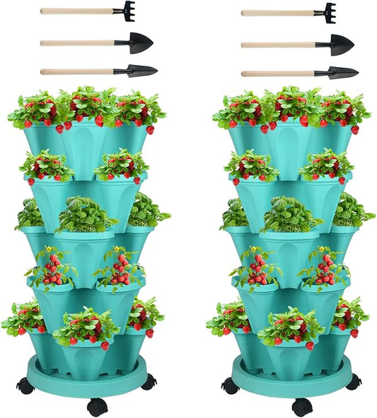 Vertical Planter 5 Tier Stackable Planters Garden Planters Strawberry Herb Flower and Vegetable Planter Indoor Outdoor Gardening Pots with Removable Wheels and Tools