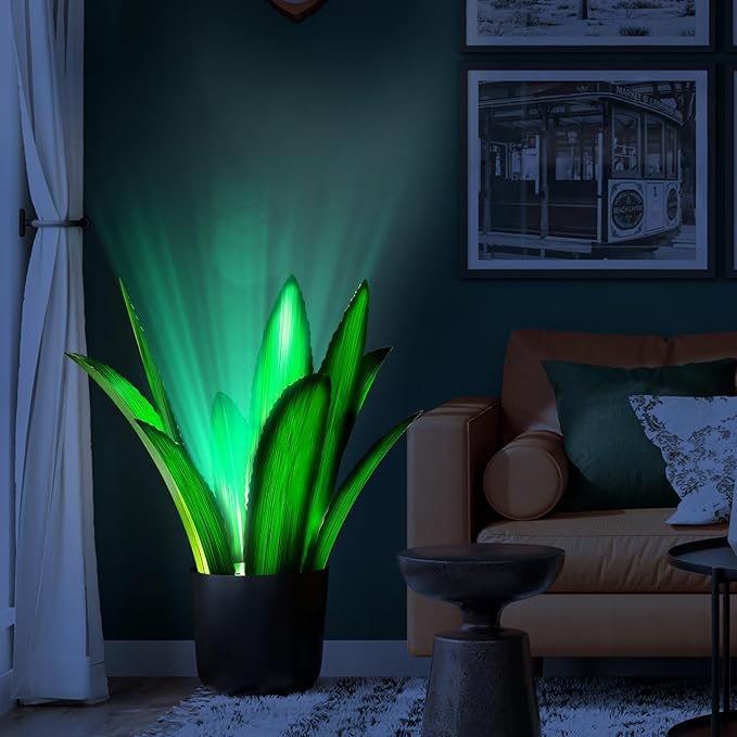 Upgraded Large Metal Yard Art, Metal Agave Plant Yard Decorations Outdoor Sculpture, Metal Flowers for Outside, Waterproof Outdoor Garden Decor (Green (W/Solar Light))