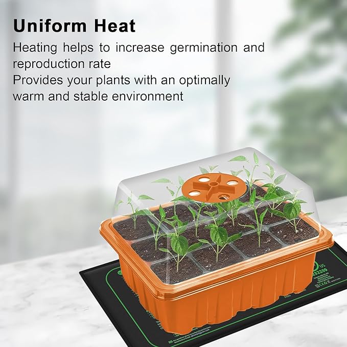 GooingTop Seedling Trays + Heat Mat 10''x20.7'', 6 Pack 72 Cells Plant Grow Starter with Adjustable Humidity Vent for Mini Greenhouse Garden Germination,Bonsai Seed Starting Growing