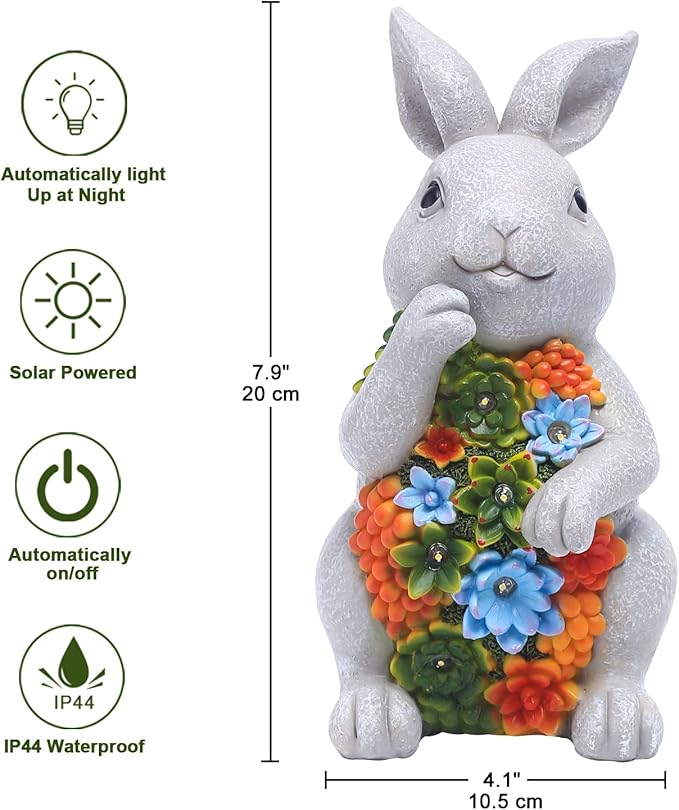 Nacome Garden Outdoor Statues Bunny with Succulent and 7 LED Lights – Lawn Decor for Patio, Balcony, Yard Ornament - Unique Housewarming Gifts