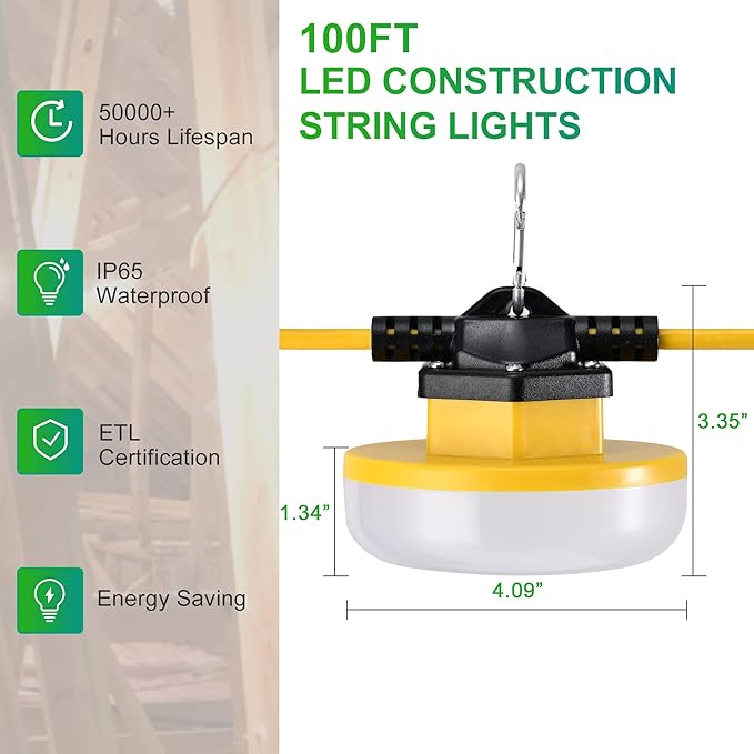 LEDIARY 100FT LED Construction String Lights, 150W 15000LM String Work Light, Linkable Jobsite Lights, Weatherproof Temporary Lighting Indoor&Outdoor, ETL Listed