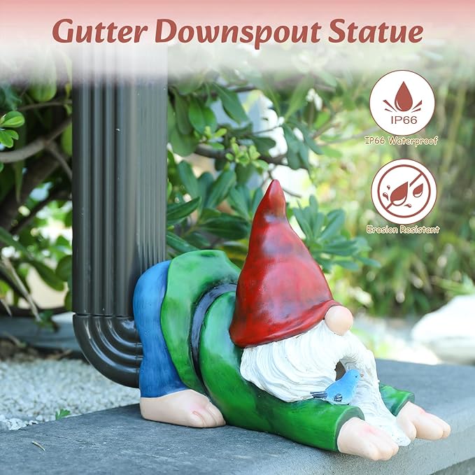 WONDER GARDEN Gnome Gutter Downspout Extensions - 3'' x 4'' Decorative Downspout Extender Diverter, Outdoor Splash Block Sculpture Garden Decor, Waterproof Gutter Guard for Lawn, Garden, Lawn