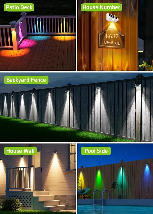 Solar Fence Lights Outdoor Waterproof High Brightness LED Spot Lens Deck Lights 7 Mode Warm & Cool White RGB Solar Powered Wall Lighting Decor for Outside Patio Step Backyard Railing - 16 Pack(White)