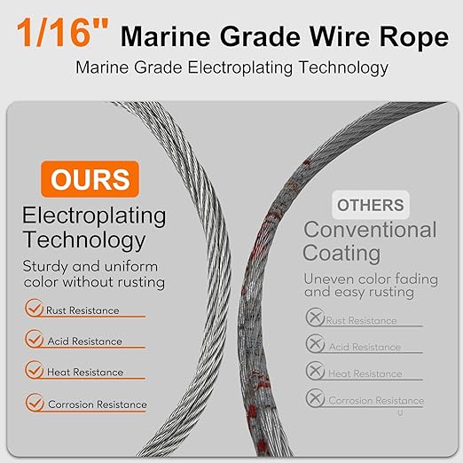 100FT 1/16" Wire Rope Kit, 7x7 Marine Stainless Steel Strand Core, T316 Strength for Hanging, Aircraft, Yard, Garden, Deck Railing, Trellis Wire with Crimping Sleeves, Thimbles