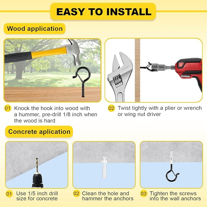 Hooks for Outdoor String Lights, Ceiling Screw Hooks with Safety Buckle Design for Hanging Plants Christmas Lights Party Led Wind Chimes, Black Q Hanger with Wing Nut Driver, 30 Pack