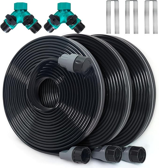 Sprinkler Hose with Holes 75 Ft (25 ft 3pack), Flat Soaker Hose 75 ft with Garden Staples and Splitters, Drip Line Irrigation Hoses for Lawn, Vegetable Watering Hose (75 ft)