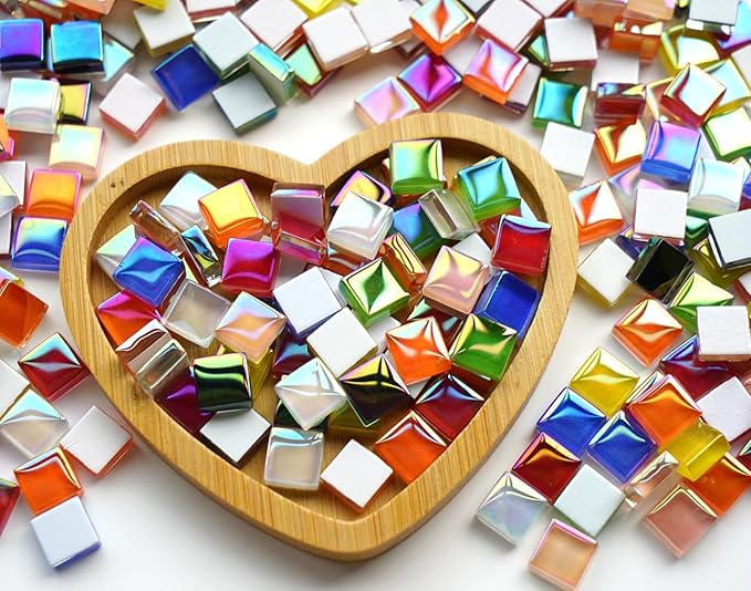 1100pcs Mixed Colors Iridescent Mosaic Tiles, 2.2lbs Crystal Glass Tiles, 3/8" Square Mosaic Tiles with Smooth Edges, 1KG Small Stained Glass Pieces Great for DIY Mosaic Crafts, Home Decor