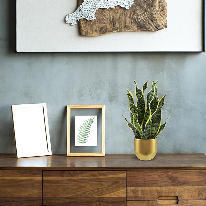 Hollyone Artificial Snake Plant Potted Faux Sansevieria Trifasciata Plants, 16.9" Tropical Mother in Law Tongue Fake Plants in Metal Gold Pots for Home Office Room Indoor Decor Housewarming Gifts