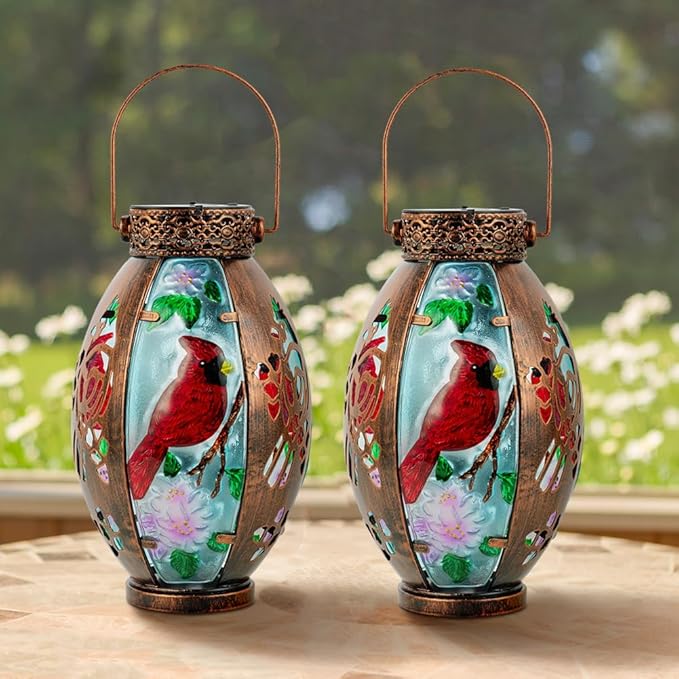Starsoul 2 PC Cardinal Outdoor Solar Lantern Cardinal Solar Light Waterproof Tabletop Lamp with Hollowed-Out Design for Yard Patio Garden Pathway
