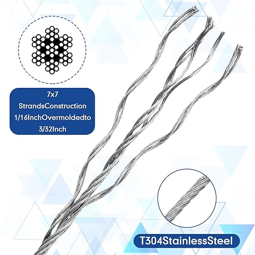 Tandefio 500 ft Vinyl Coated Wire Rope 304 Stainless Steel Black Stainless Wire 1/16 Inch Overmolded to 3/32 Inch with Cutter 7x7 Strands Construction for String Lights Hanging Clothesline Fence