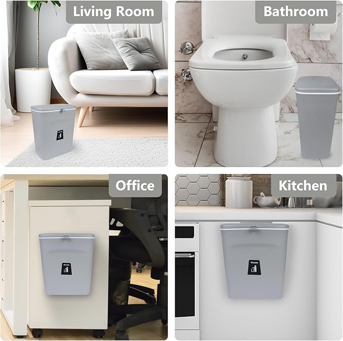 9L/2.4 Gallon Hanging Trash Can for Kitchen Cabinet Door with Lid, Small Under Sink Garbage Can,Trash Bin for Bathroom,Wall Mounted Counter Waste Kitchen Compost Bin,Plastic (Gray)