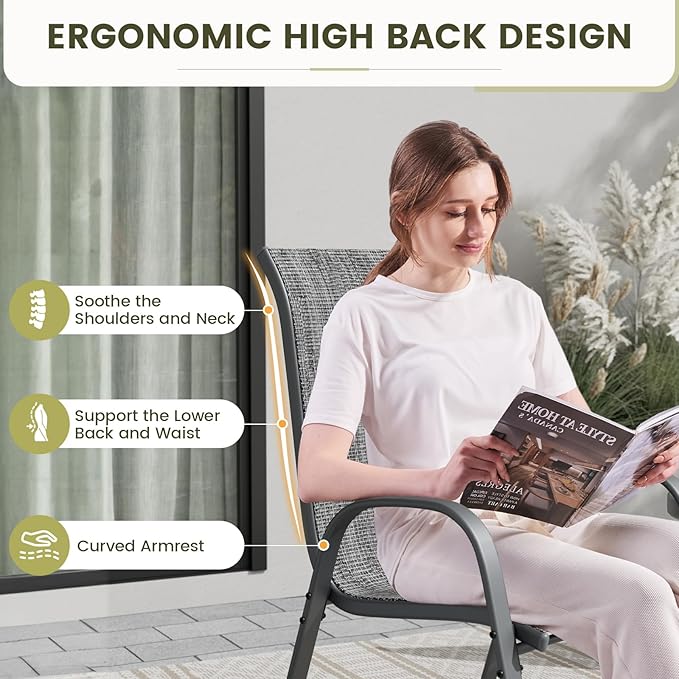 UDPATIO Patio Chairs Set of 2, Stackable Outdoor Dining Chairs with High Back, Breathable Textilene Fabric Outdoor Chair All Weather, 350LBS Capacity for Garden, Backyard (Dark Grey)