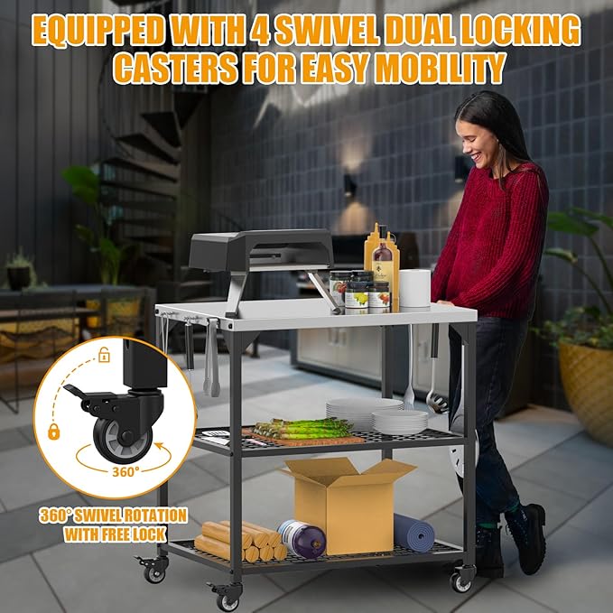 Outdoor Grill Cart,Pizza Oven Table with 4 Wheels,Three-Shelf Movable Dining Cart Table,BBQ Food Prep Work Table,Stainless Steel Flattop Grill Stand for Kitchen Backyard, with Waterproof Cover
