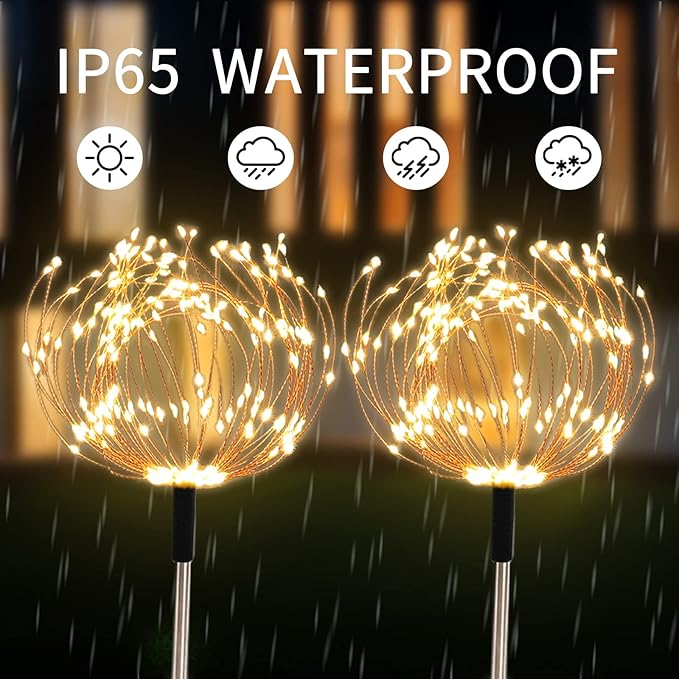 Solar Garden Lights Outdoor 4 Pack 480 LED Firework Landscape Path Lights Solar Powered Starburst Lights Waterproof 8 Lighting Modes with Remote Control for Patio Christmas Party Yard Decorative