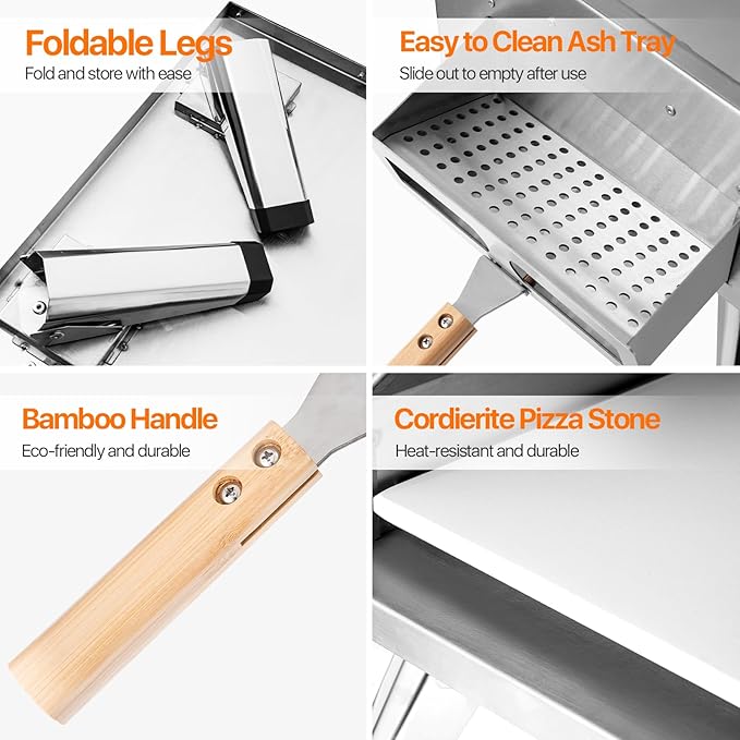 Pizza Oven 13 Inch Outdoor Wood Fired Portable Stainless Steel Pizza Oven with Pizza Stone for Family Outside Cooking Camping Backyard BBQ Pizza Maker Garden Kitchen(Silver 13IN)