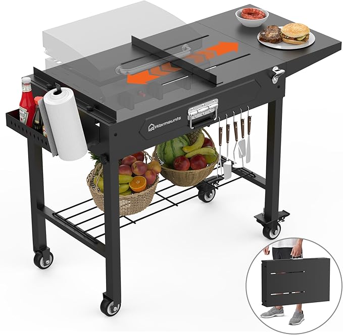 Grill Table for Outside, Portable Folding Grill Cart with Wheels and Adjustable Tabletop, 400 Lbs Weight Capacity, Movable Griddle Stand Fit 17'' or 22'' for Camping, BBQ, Cooking