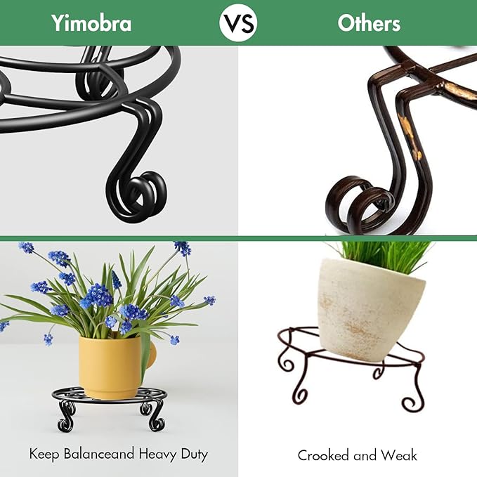Yimobra 2 Pack Plant Stand for Flower Pot Heavy Duty Potted Holder Indoor Outdoor Metal Rustproof Iron Garden Container Round Supports Rack for Planter (11.8Inches, Black)