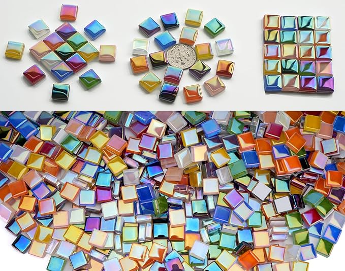 1100pcs Mixed Colors Iridescent Mosaic Tiles, 2.2lbs Crystal Glass Tiles, 3/8" Square Mosaic Tiles with Smooth Edges, 1KG Small Stained Glass Pieces Great for DIY Mosaic Crafts, Home Decor