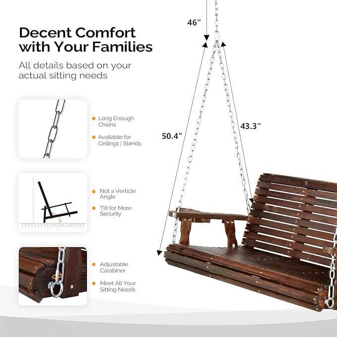 VINGLI XL Size Patio Wooden Porch Swing Outdoor with Cup Holders & Phone Slots, Heavy Duty 880 LBS Hanging Swing Chair Bench with Hanging Chains for Yard, Lawn, Garden (5 FT Pro, Rustic)