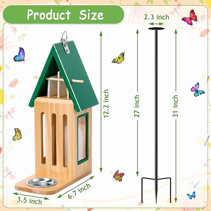 New Upgraded Butterfly House and Feeder for Outside - Wooden Butterfly House with Metal Stake for Garden Backyard, Natural Butterflies Habitat with Puddler on Floor or Hanging on Tree Wall
