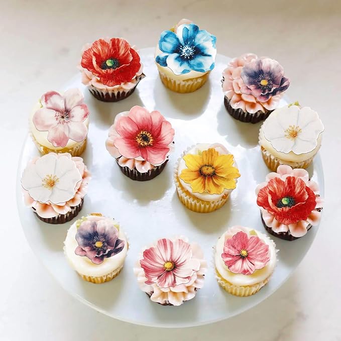 54 PCS Edible Flowers Cake Toppers Wafer Paper Flower Cupcake Toppers Hawaiian Edible Flowers Cake Decorations Mixed Size for Tropical Luau Themed Birthday Baby Shower Party Food Decor Supplies