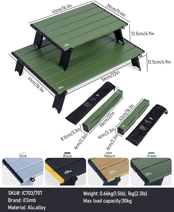 iClimb Ultralight Compact Mini Beach Picnic Folding Alu. Table with Carry Bag, Two Size (Green, S)