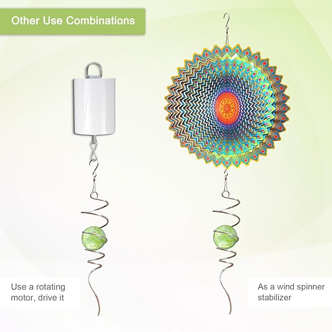 Glow in The Dark Gazing Ball Spiral, Wind Spinner Tail, Wind Spinners Stabilizer, Hanging Outdoor Decor for Garden Yard Art Decor Christmas Ornament Sun Catcher Rainbow Maker 13in Height