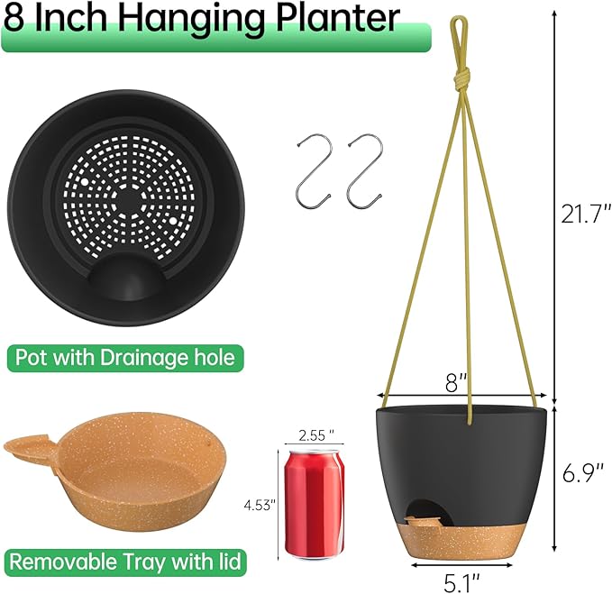 ZMTECH 8 Inch Hanging Planters for Indoor Outdoor Plants, 2 Pack Self Watering Hanging Plant Pots with Drainage Holes and Removable Saucer, Plastic Flower Hanging Pots with Watering Lip (Black)