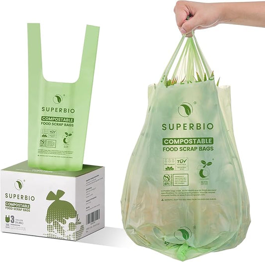 SUPERBIO 3 Gallon Compostable Food Waste Bags, 80 Count, Food Scrap Bags with Handles, ASTM D6400, BPI and OK compost INDUSTRIAL