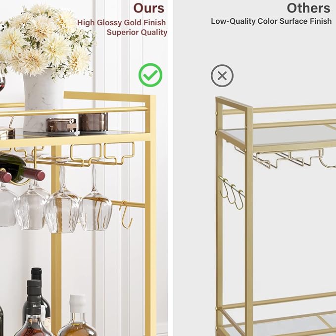 TUTOTAK Bar Cart, Serving Cart for Home, Drink Cart, Mobile Kitchen Shelf with Wine Rack and Glass Holder, Rolling Beverage Cart, Gold BC01BB031