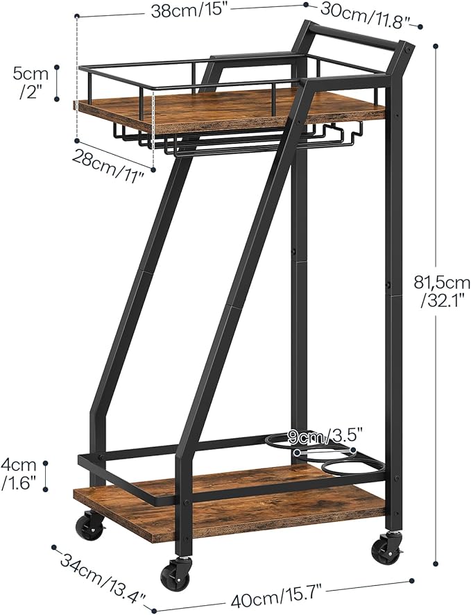 HOOBRO Bar Cart, Home Bar Serving Cart, Kitchen Cart, Rolling Beverage Cart & Wine Rack and Glass Holder 2 Storage Shelves, Cocktail Cart for Home Dining Party, Rustic Brown and Black BF27TC01