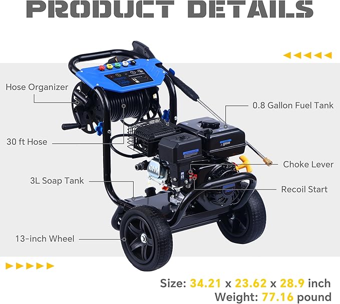 Gas Pressure Washer 3600 PSI 2.3 GPM, 212CC Power Washer with 5 Quick-Connect Nozzles, 30FT Hose & Reel, Aluminum Axial Pump, Heavy-Duty Pressure Cleaner for Driveways, Cars, Fences, Home Use