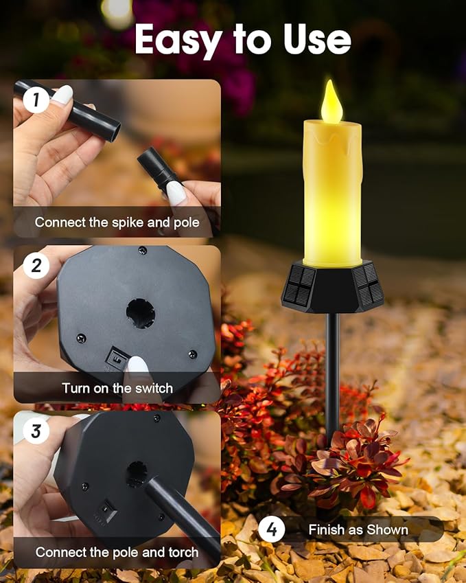 Solar Lights Outdoor Waterproof, Electric LED Flameless Candles with 3 Solar Panels, Solar Pathway Lights for Christmas Outdoor Party Yard Camping Garden Home Decorations, 2 Pack