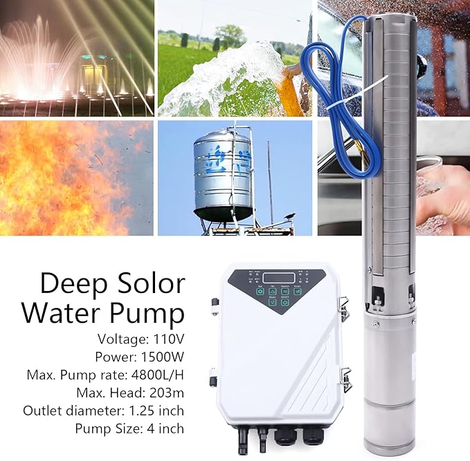 4 Inch Solar Water Pumps 1500W Stainless Steel Deep Well Submersible Pump with MPPT Controller, Solar Well Pump Kit Deep Well Water Pumps for Irrigation, Home, Industrial