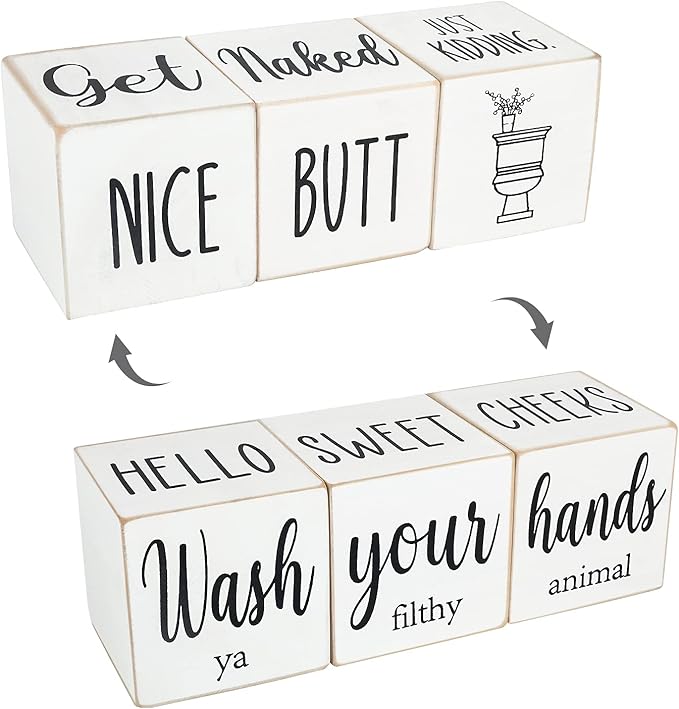 Funny Farmhouse Bathroom Decor and Accessories for Shelf, 4-Sided Wooden Blocks - Nice Butt&Get Naked&Hello Sweet Cheeks&Wash Your Hands Sign, Modern Rustic Restroom Decorations, White 2.8"