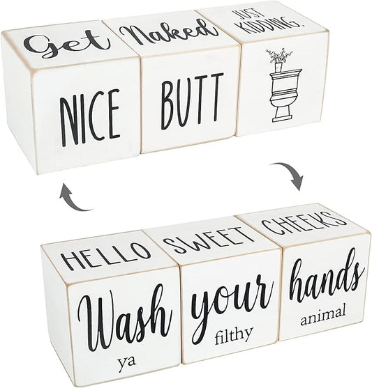 Funny Farmhouse Bathroom Decor and Accessories for Shelf, 4-Sided Wooden Blocks - Nice Butt&Get Naked&Hello Sweet Cheeks&Wash Your Hands Sign, Modern Rustic Restroom Decorations, White 2.8"