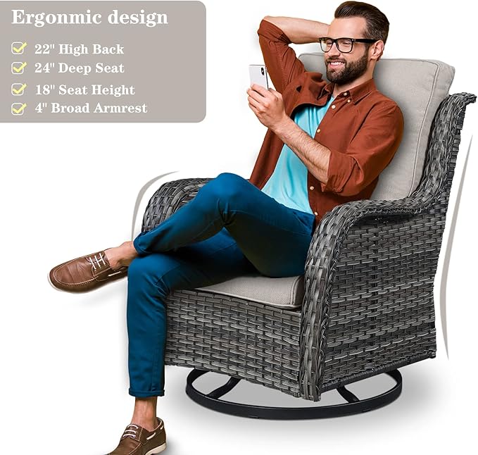 Outdoor Swivel Rcoker Patio Chairs - Outdoor Swivel Patio Chairs Set of 2 Wicker Chair Patio Furniture Sets with Covered Cushion for Porch Deck Balcony Garden, Beige