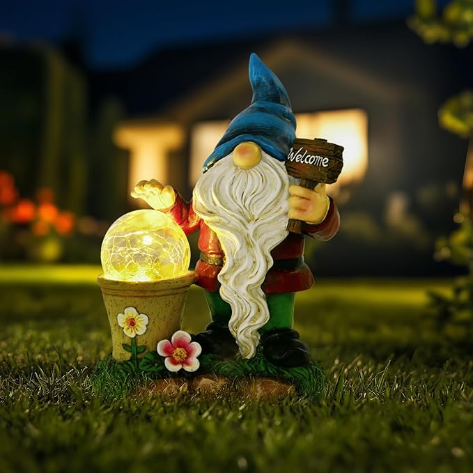 DiliComing Solar Garden Gnomes Outdoor Statues - Cute Gnome Statue with Welcome for Yard Patio Porch Lawn, Resin Gnome Figurine with Solar Light for Thanksgiving and Christmas