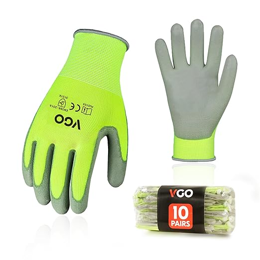 Vgo... 10-Pairs Safety Work Gloves, Gardening Gloves, Polyurethane Coated, Dipping Gloves, Latex Free (Size M, Yellow, PU2103)