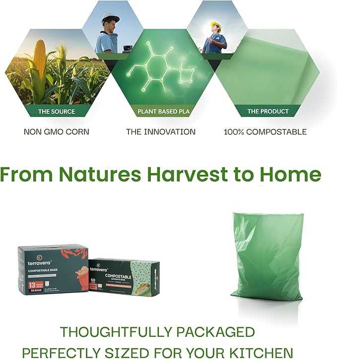 2.6 Gallon Compostable Food Scrap Bags - Handle Tie (100 Count) | BPI & OK Home Certified | Counter Top Bin, Kitchen Trash, Home & Yard Waste Bags