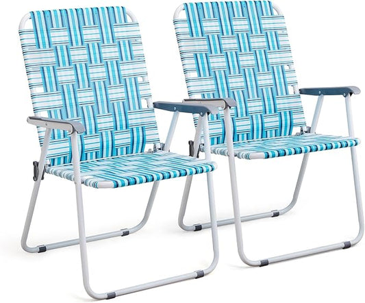 VINGLI Patio Lawn Webbed Folding Chairs Outdoor Beach Portable Camping Chair for Yard, Garden (2, White & Blue, Oversized)