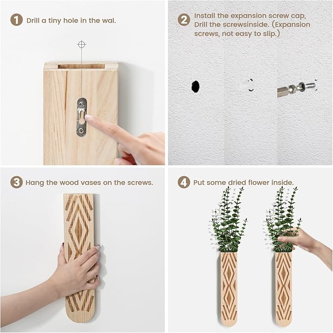 Wooden Wall Planter Set of 3 - Modern Bohemian Home Decor for Living Room, Bedroom, Bathroom - Beige Finish Planter for Dried Flowers, Faux Greenery, Indoor Plants